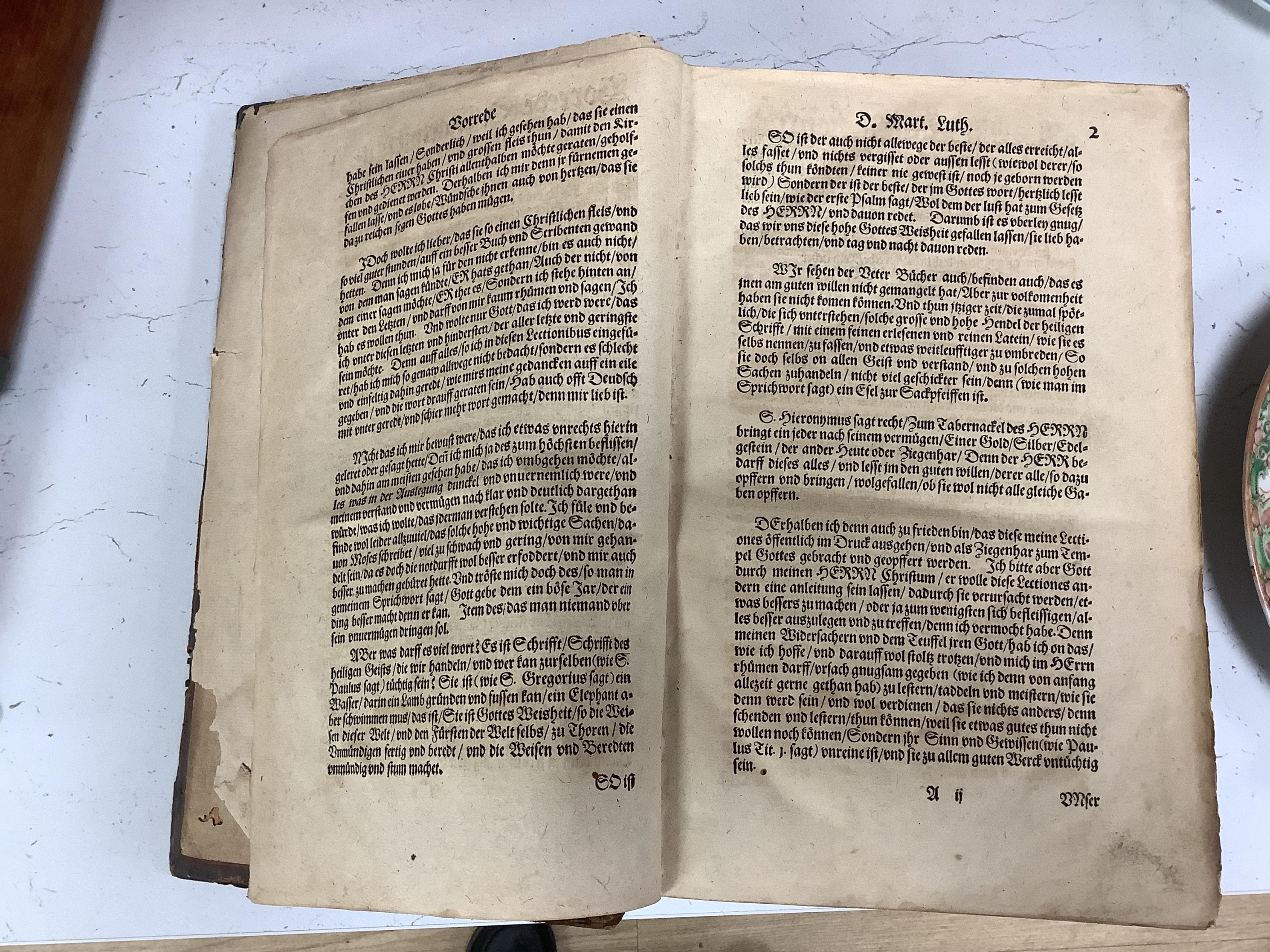 A 16th century German bible with embossed leather binding. Condition - poor